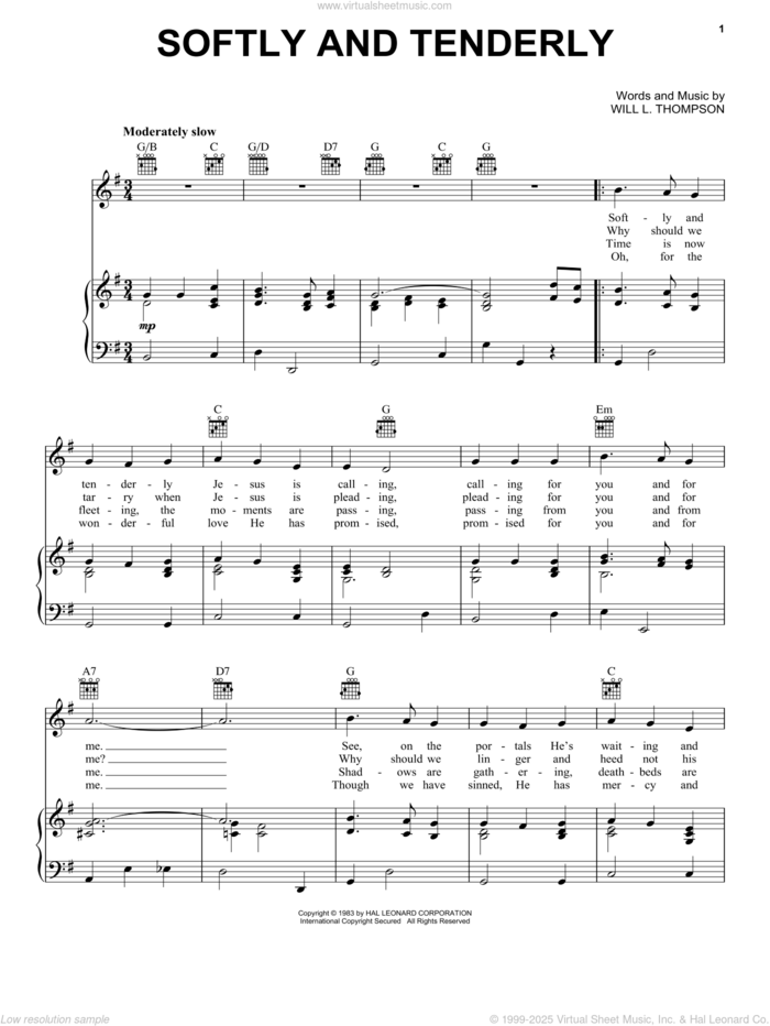 Softly And Tenderly sheet music for voice, piano or guitar by Will L. Thompson, intermediate skill level