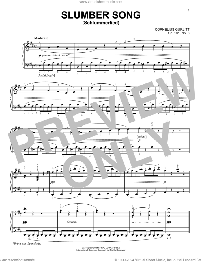Slumber Song, Op. 101, No. 6 sheet music for piano solo by Cornelius Gurlitt, classical score, intermediate skill level