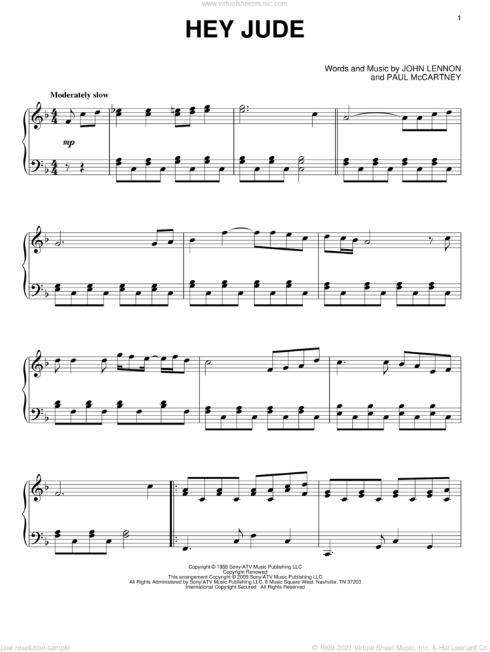 Hey Jude, (intermediate) sheet music for piano solo by The Beatles, John Lennon and Paul McCartney, intermediate skill level