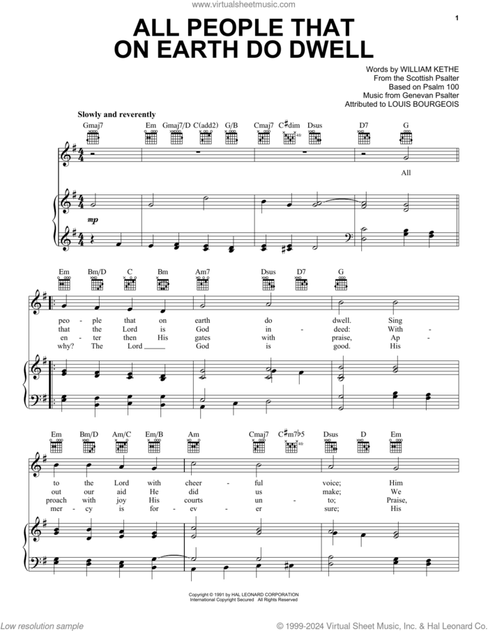 All People On Earth Do Dwell sheet music for voice, piano or guitar by Scottish Psalter, Genevan Psalter, Louis Bourgeois, Psalm 100 and William Kethe, wedding score, intermediate skill level