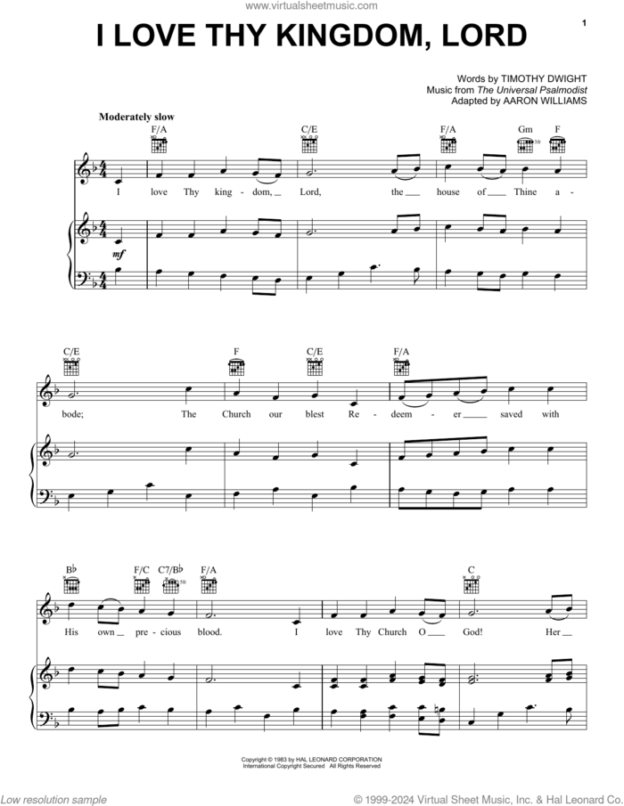 I Love Thy Kingdom, Lord sheet music for voice, piano or guitar by Timothy Dwight, Aaron Williams and The Universal Psalmodist, intermediate skill level