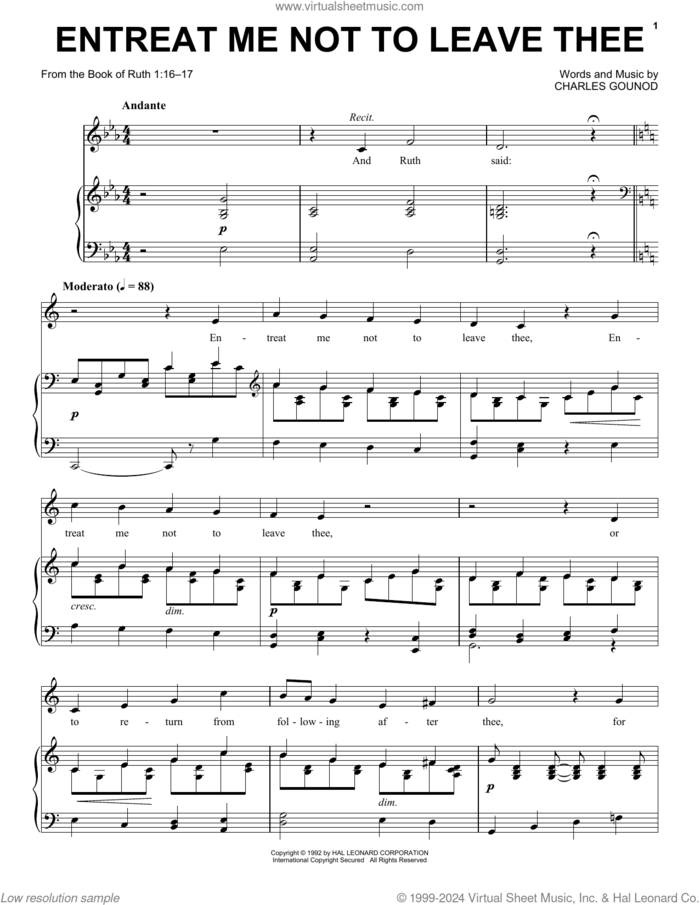 Entreat Me Not To Leave Thee sheet music for voice and piano by Charles Gounod, classical wedding score, intermediate skill level