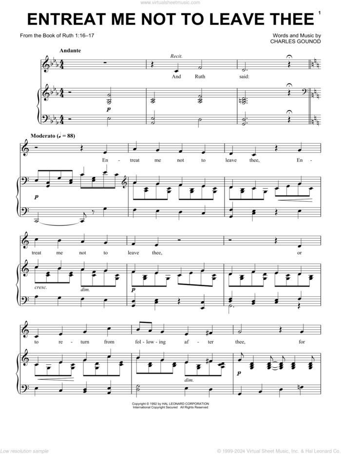 Entreat Me Not To Leave Thee sheet music for voice and piano by Charles Gounod, classical wedding score, intermediate skill level