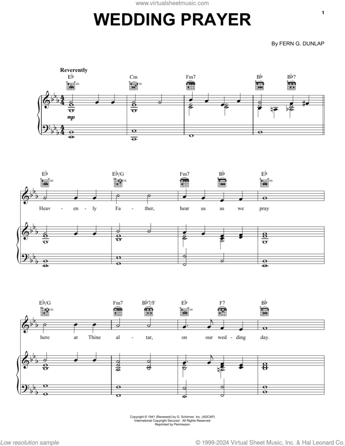 Wedding Prayer sheet music for voice, piano or guitar by Fern G. Dunlap, classical wedding score, intermediate skill level