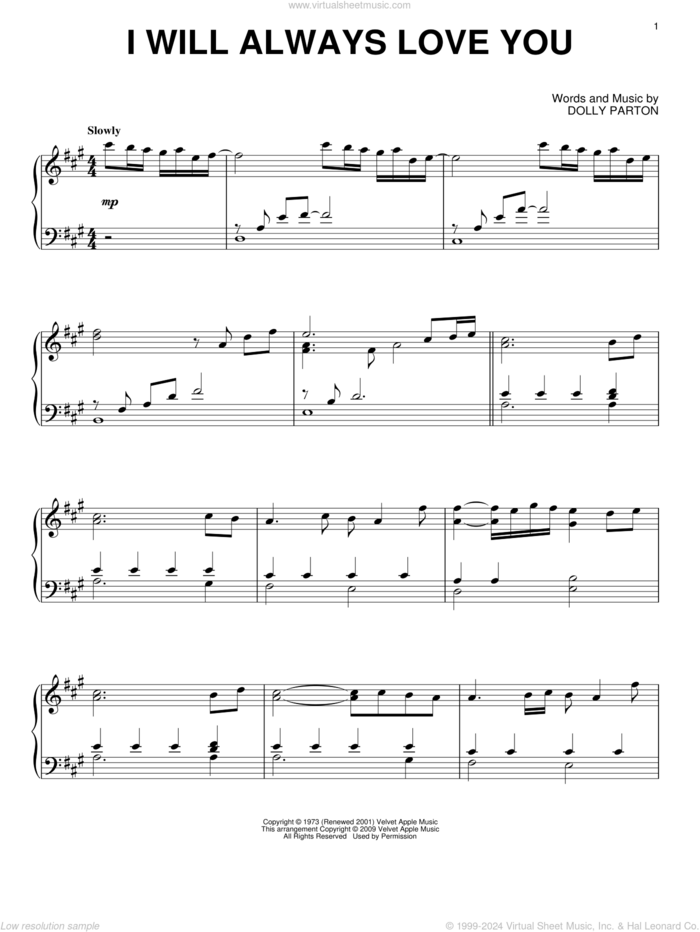 I Will Always Love You sheet music for piano solo by Dolly Parton and Whitney Houston, wedding score, intermediate skill level