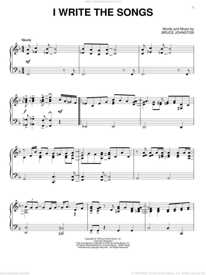 I Write The Songs, (intermediate) sheet music for piano solo by Barry Manilow and Bruce Johnston, intermediate skill level