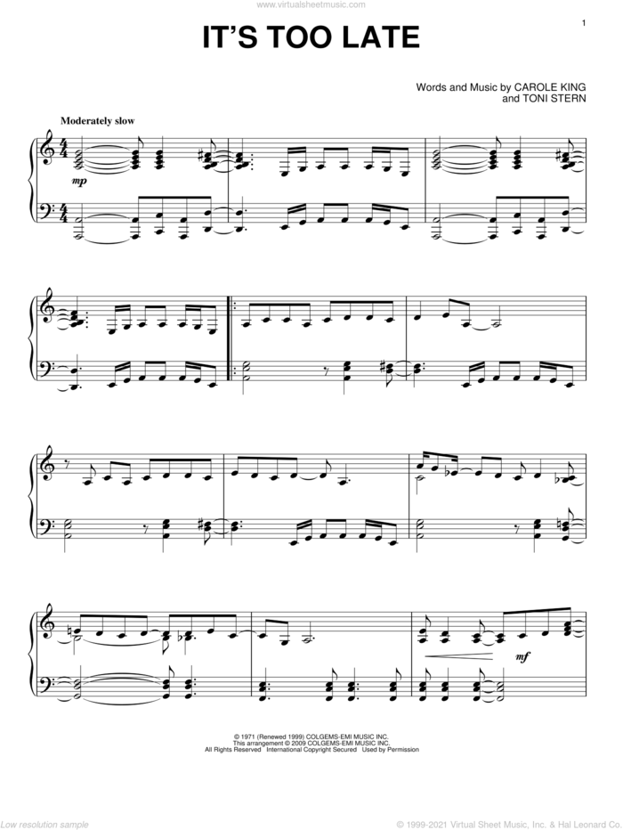 It's Too Late sheet music for piano solo by Carole King and Toni Stern, intermediate skill level