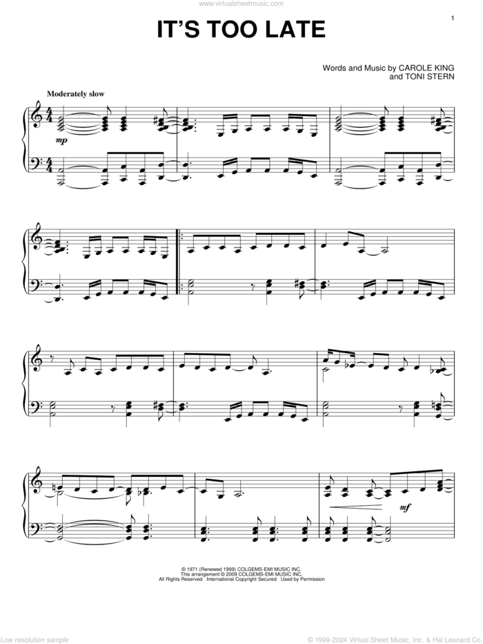 It's Too Late sheet music for piano solo by Carole King and Toni Stern, intermediate skill level