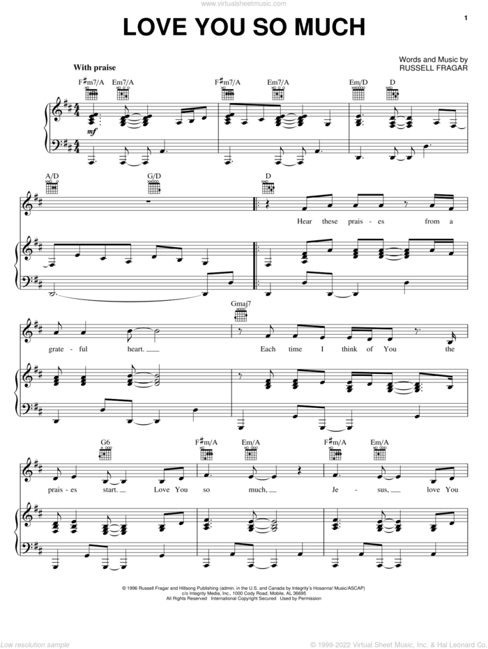 Love You So Much sheet music for voice, piano or guitar by Russell Fragar and Hillsong, intermediate skill level