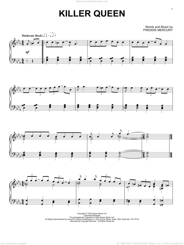 Killer Queen, (intermediate) sheet music for piano solo by Queen and Freddie Mercury, intermediate skill level