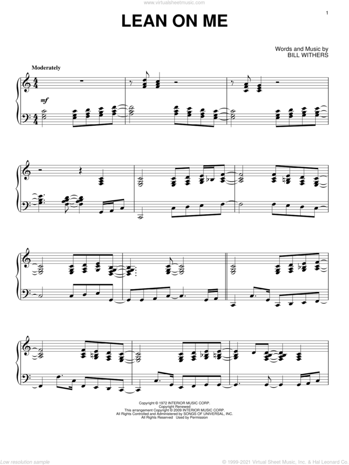 Lean On Me, (intermediate) sheet music for piano solo by Bill Withers, intermediate skill level