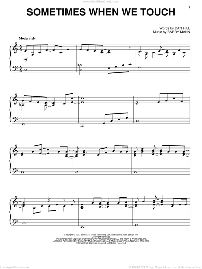 Sometimes When We Touch, (intermediate) sheet music for piano solo by Dan Hill and Barry Mann, wedding score, intermediate skill level