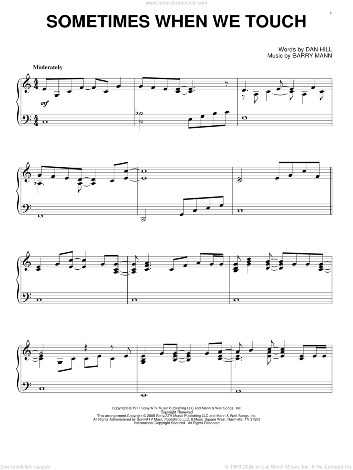 Sometimes When We Touch, (intermediate) sheet music for piano solo by Dan Hill and Barry Mann, wedding score, intermediate skill level