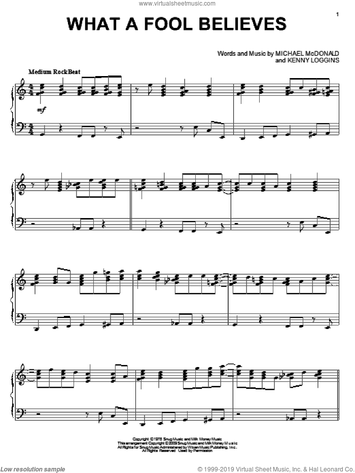 What A Fool Believes sheet music for piano solo by The Doobie Brothers, Kenny Loggins and Michael McDonald, intermediate skill level