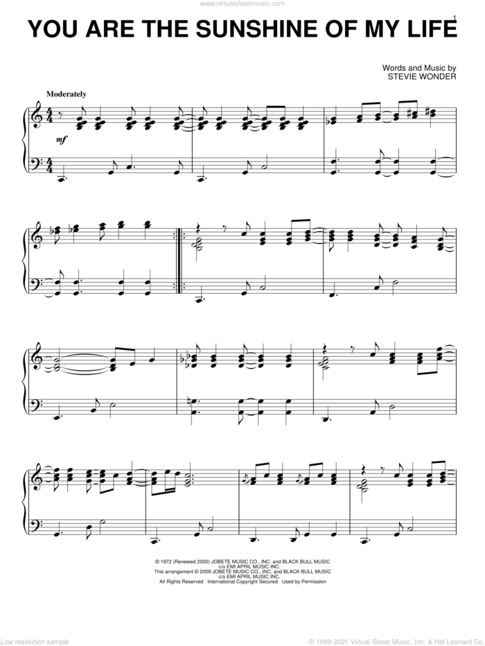 You Are The Sunshine Of My Life, (intermediate) sheet music for piano solo by Stevie Wonder, wedding score, intermediate skill level