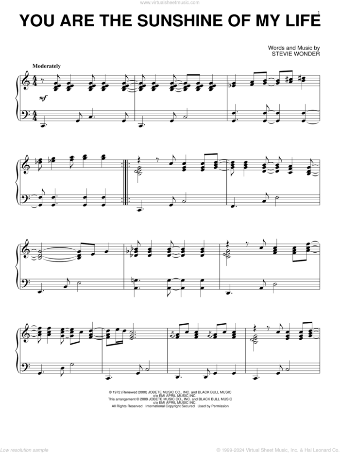 You Are The Sunshine Of My Life, (intermediate) sheet music for piano solo by Stevie Wonder, wedding score, intermediate skill level