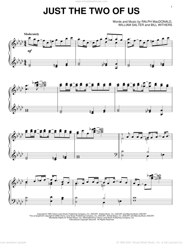 Just The Two Of Us, (intermediate) sheet music for piano solo by Grover Washington Jr., Grover Washington Jr. feat. Bill Withers, Bill Withers, Ralph MacDonald and William Salter, wedding score, intermediate skill level