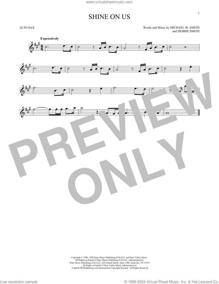 Shine On Us sheet music for alto saxophone solo by Phillips, Craig & Dean, Debbie Smith and Michael W. Smith, wedding score, intermediate skill level