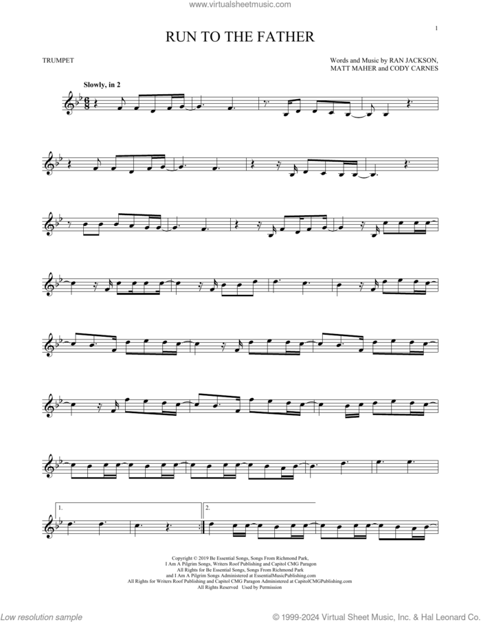 Run To The Father sheet music for trumpet solo by Cody Carnes, Matt Maher and Ran Jackson, intermediate skill level