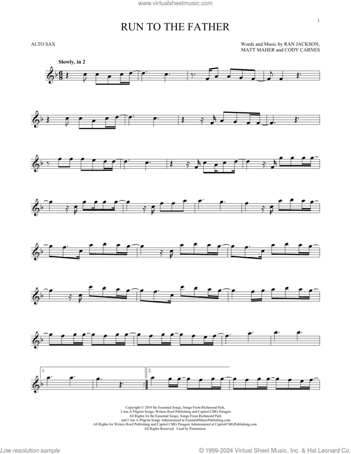 Run To The Father sheet music for alto saxophone solo by Cody Carnes, Matt Maher and Ran Jackson, intermediate skill level