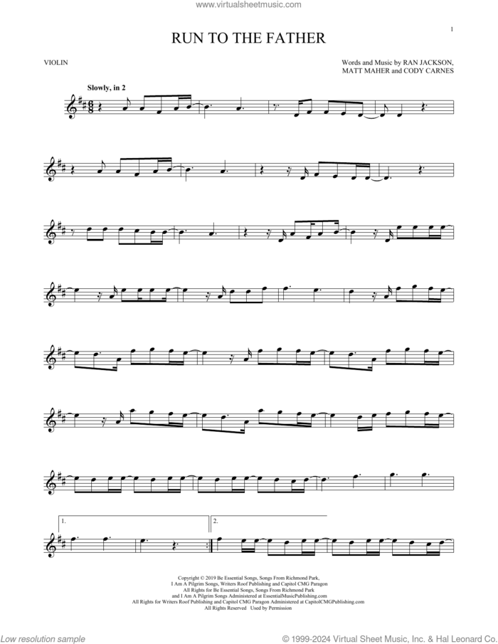 Run To The Father sheet music for violin solo by Cody Carnes, Matt Maher and Ran Jackson, intermediate skill level