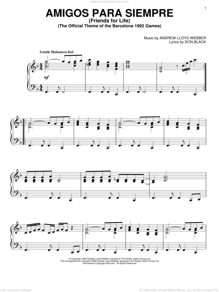Amigos Para Siempre (Friends For Life), (intermediate) sheet music for piano solo by Andrew Lloyd Webber and Don Black, intermediate skill level