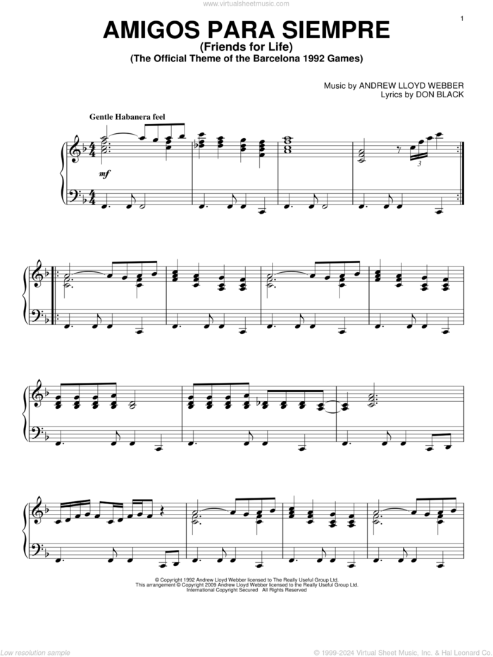 Amigos Para Siempre (Friends For Life), (intermediate) sheet music for piano solo by Andrew Lloyd Webber and Don Black, intermediate skill level