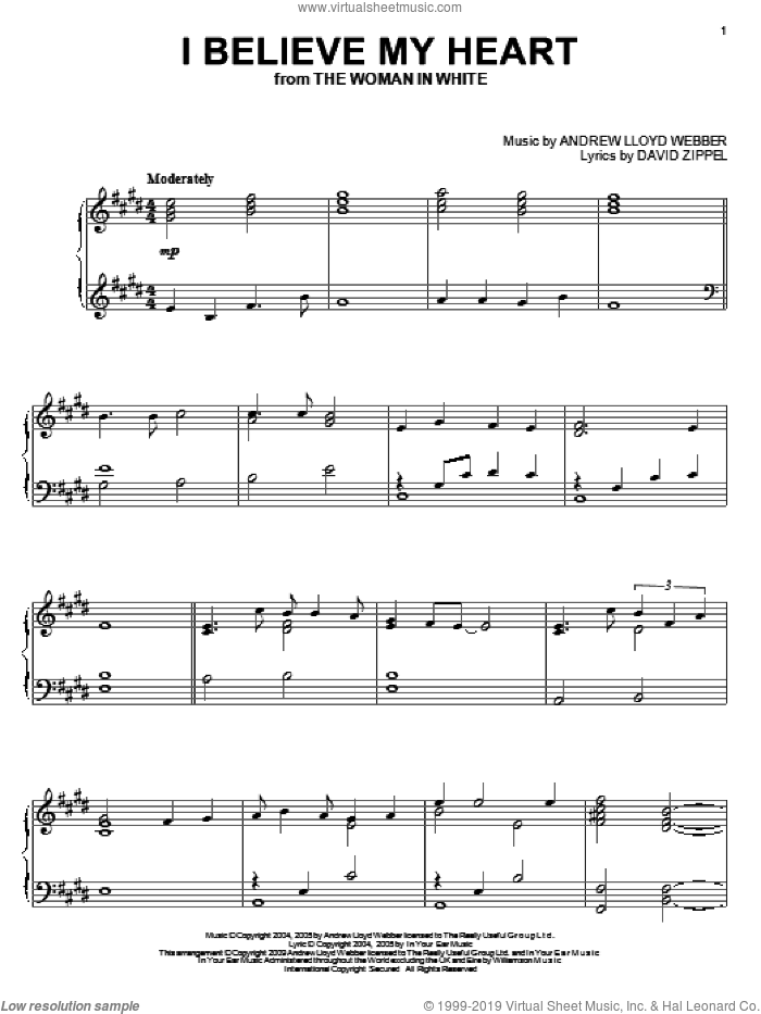 I Believe My Heart (from The Woman In White) sheet music for piano solo by Andrew Lloyd Webber, The Woman In White (Musical) and David Zippel, intermediate skill level