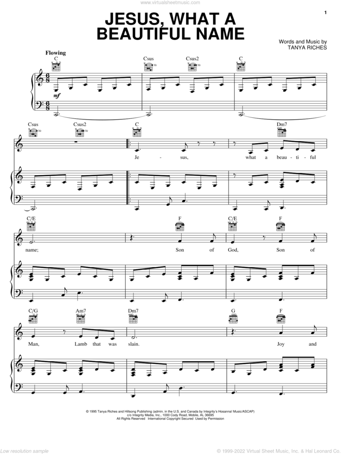 Jesus, What A Beautiful Name sheet music for voice, piano or guitar by Tanya Riches, intermediate skill level