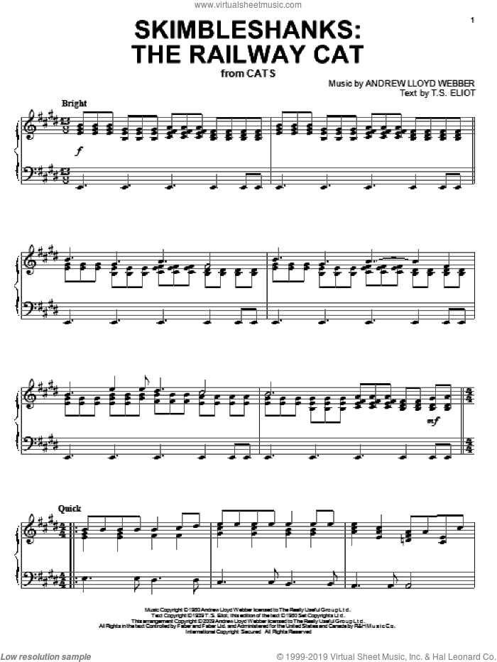 Skimbleshanks: The Railway Cat (from Cats) sheet music for piano solo by Andrew Lloyd Webber, Cats (Musical) and T.S. Eliot, intermediate skill level