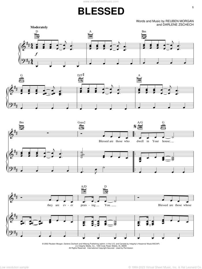Blessed sheet music for voice, piano or guitar by Reuban Morgan, Hillsong Worship and Darlene Zschech, intermediate skill level
