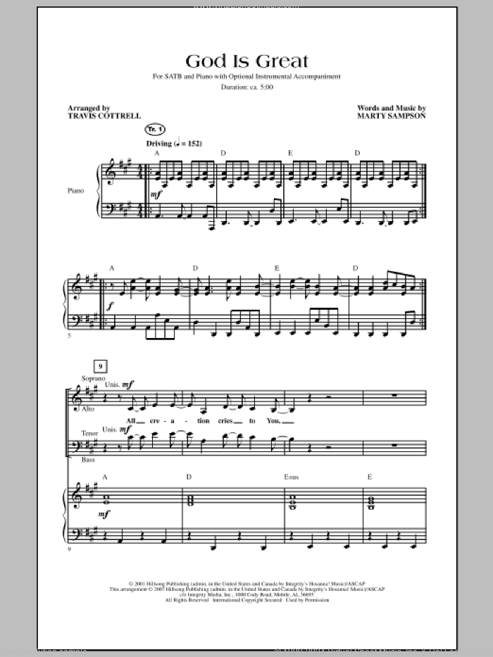 God Is Great sheet music for choir (SATB: soprano, alto, tenor, bass) by Marty Sampson and Travis Cottrell, intermediate skill level