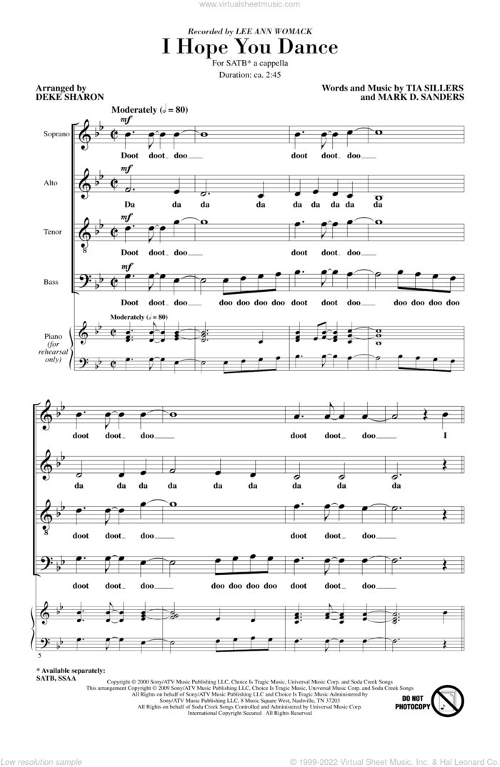 I Hope You Dance sheet music for choir (SATB: soprano, alto, tenor, bass) by Deke Sharon, Mark D. Sanders, Tia Sillers and Lee Ann Womack, intermediate skill level