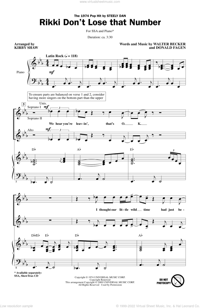 Rikki Don't Lose That Number sheet music for choir (SSA: soprano, alto) by Donald Fagen, Walter Becker, Kirby Shaw and Steely Dan, intermediate skill level