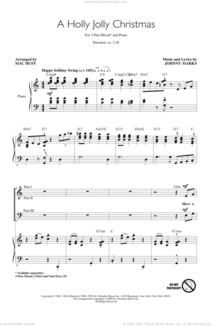 A Holly Jolly Christmas sheet music for choir (3-Part Mixed) by Johnny Marks, Burl Ives and Mac Huff, intermediate skill level