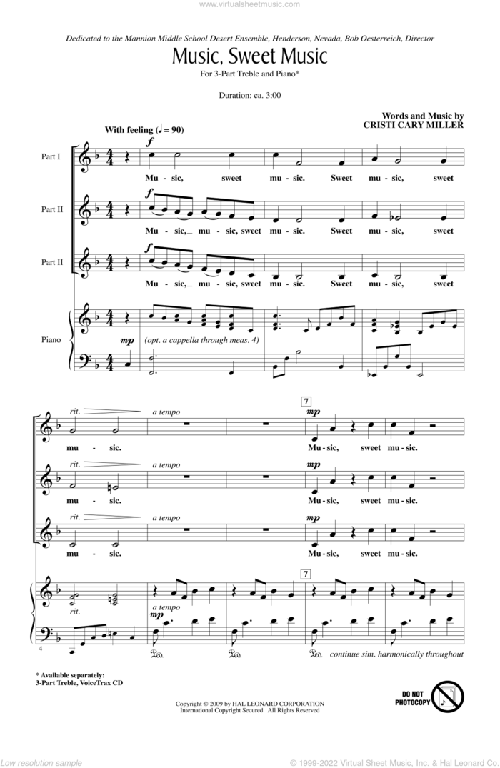 Music, Sweet Music sheet music for choir (3-Part Treble) by Cristi Cary Miller, intermediate skill level