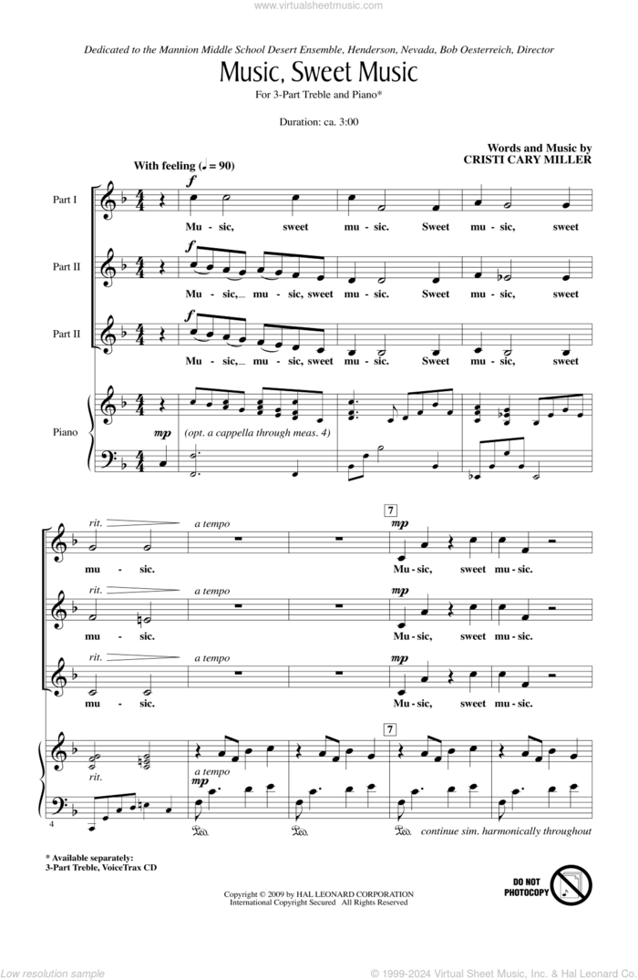 Music, Sweet Music sheet music for choir (3-Part Treble) by Cristi Cary Miller, intermediate skill level