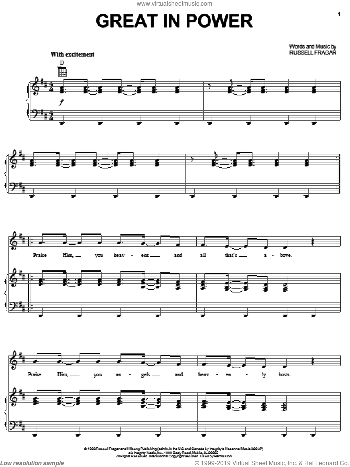Great In Power sheet music for voice, piano or guitar by Russell Fragar, intermediate skill level