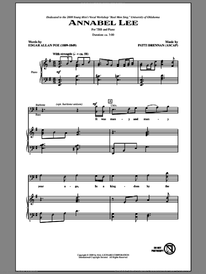 Annabel Lee sheet music for choir (TBB: tenor, bass) by Patti Drennan and Edgar Allan Poe, intermediate skill level