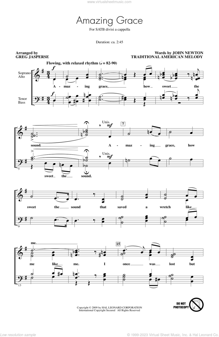 Amazing Grace sheet music for choir (SATB: soprano, alto, tenor, bass) by John Newton, Greg Jasperse and Miscellaneous, wedding score, intermediate skill level