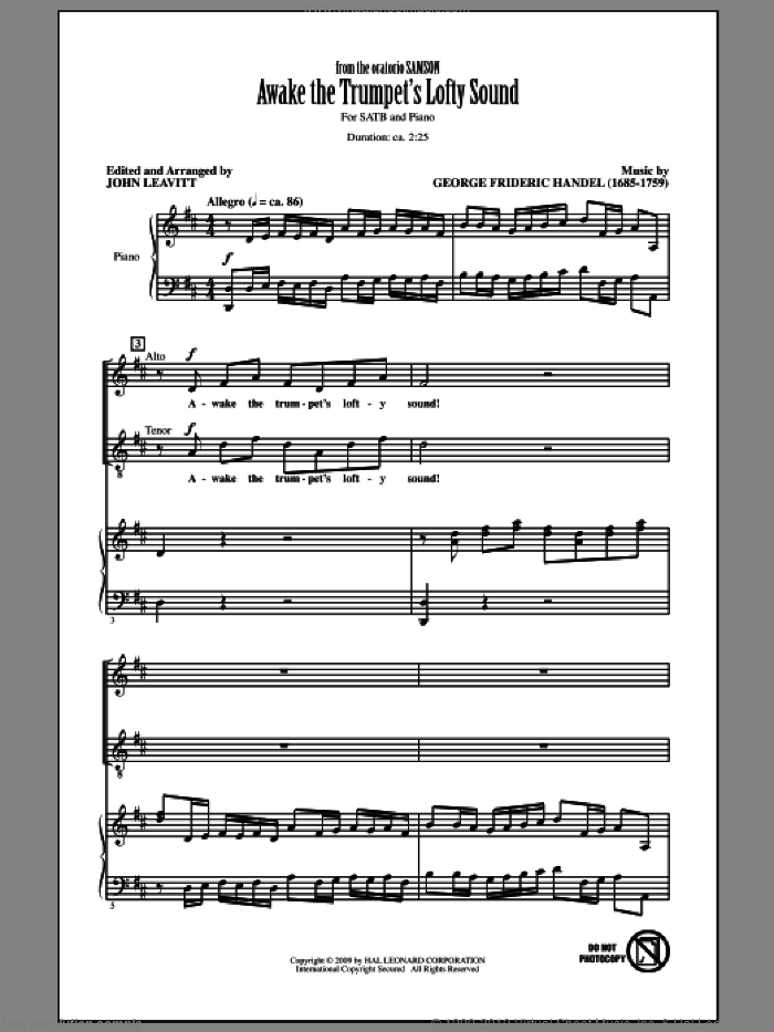 Awake The Trumpet's Lofty Sound sheet music for choir (SATB: soprano, alto, tenor, bass) by George Frideric Handel and John Leavitt, intermediate skill level