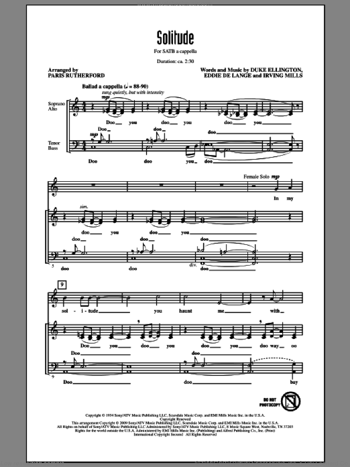 Solitude sheet music for choir (SATB: soprano, alto, tenor, bass) by Duke Ellington, Eddie DeLange, Irving Mills and Paris Rutherford, intermediate skill level