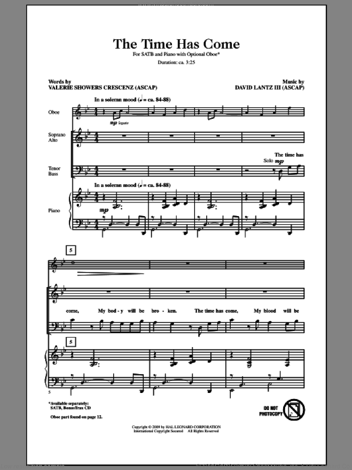 The Time Has Come sheet music for choir (SATB: soprano, alto, tenor, bass) by David Lantz and Valerie Crescenz, intermediate skill level