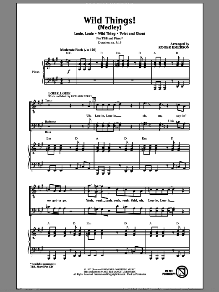 Wild Things! (Medley) sheet music for choir (TBB: tenor, bass) by Roger Emerson, intermediate skill level