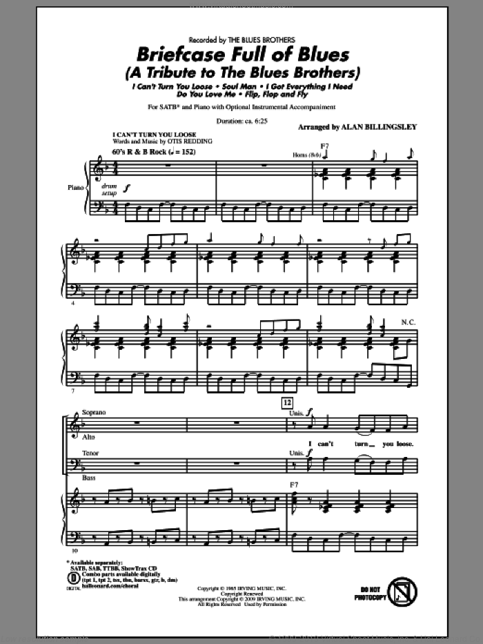 Briefcase Full Of Blues (A Tribute to the Blues Brothers) sheet music for choir (SATB: soprano, alto, tenor, bass) by Alan Billingsley and Blues Brothers, intermediate skill level