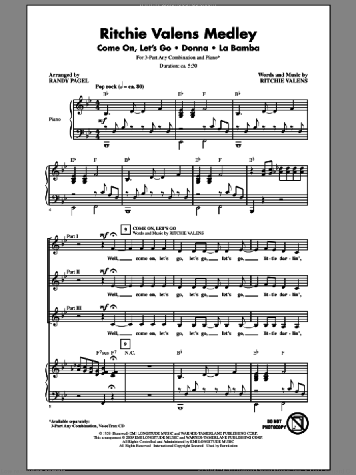 Ritchie Valens Medley sheet music for choir (3-Part Mixed) by Ritchie Valens and Randy Pagel, intermediate skill level