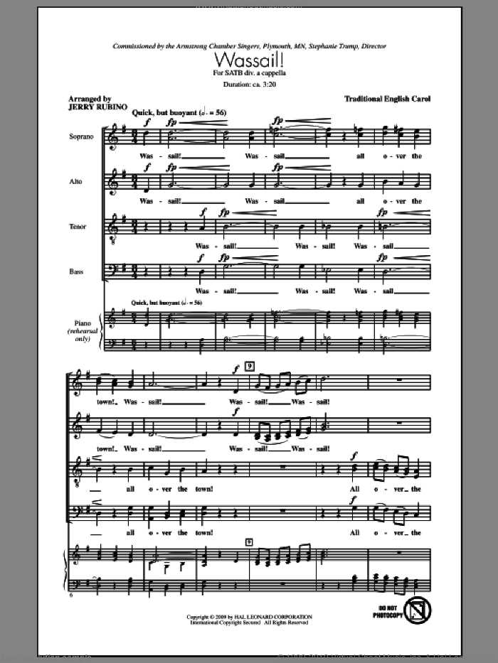 Wassail Song sheet music for choir (SATB: soprano, alto, tenor, bass) by Jerry Rubino and Miscellaneous, intermediate skill level
