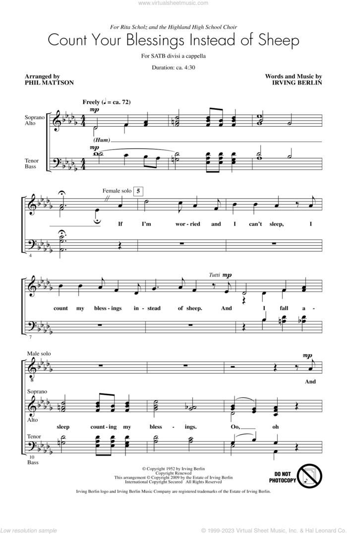 Count Your Blessings Instead Of Sheep sheet music for choir (SATB: soprano, alto, tenor, bass) by Irving Berlin and Phil Mattson, intermediate skill level