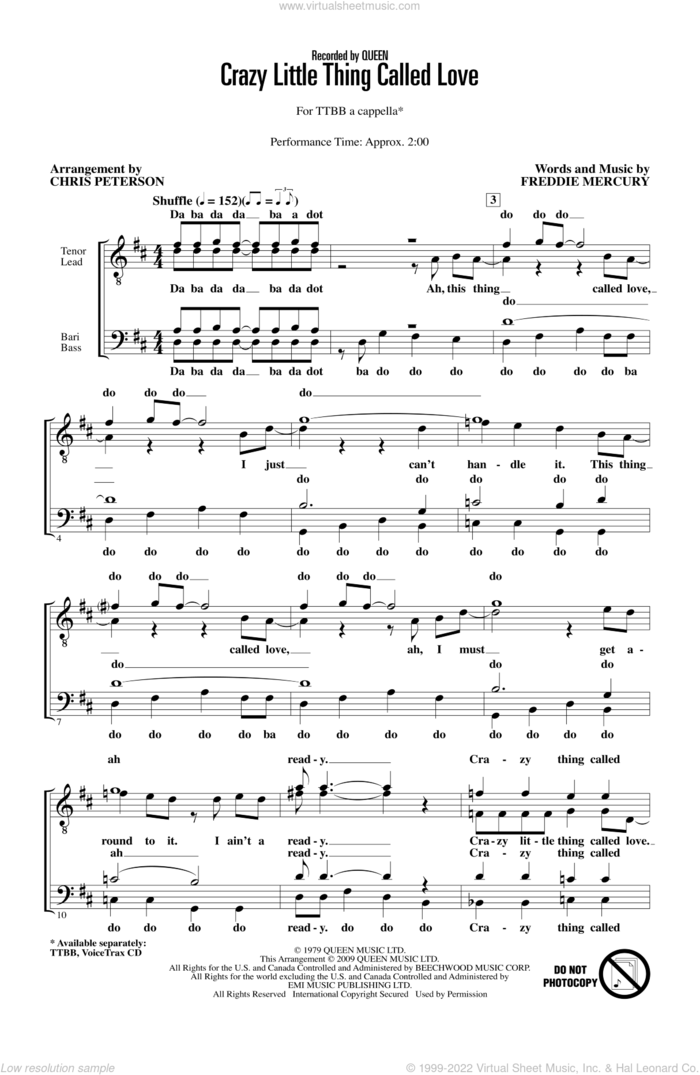 Crazy Little Thing Called Love (arr. Chris Peterson) sheet music for choir (TTBB: tenor, bass) by Freddie Mercury, Chris Peterson and Queen, intermediate skill level