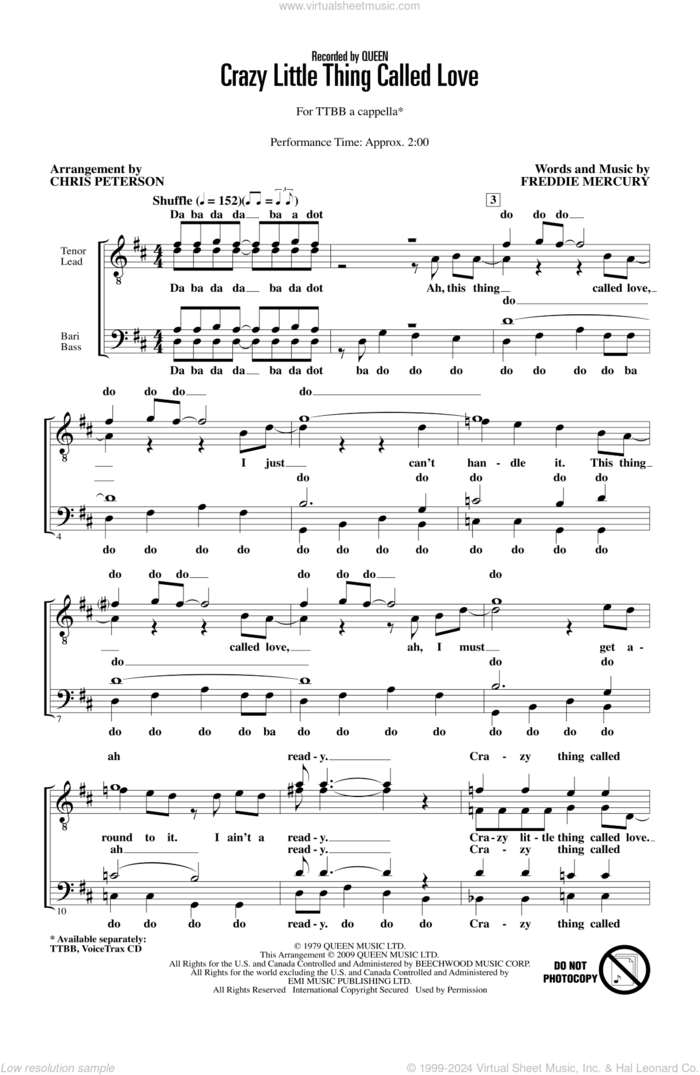 Crazy Little Thing Called Love (arr. Chris Peterson) sheet music for choir (TTBB: tenor, bass) by Freddie Mercury, Chris Peterson and Queen, intermediate skill level